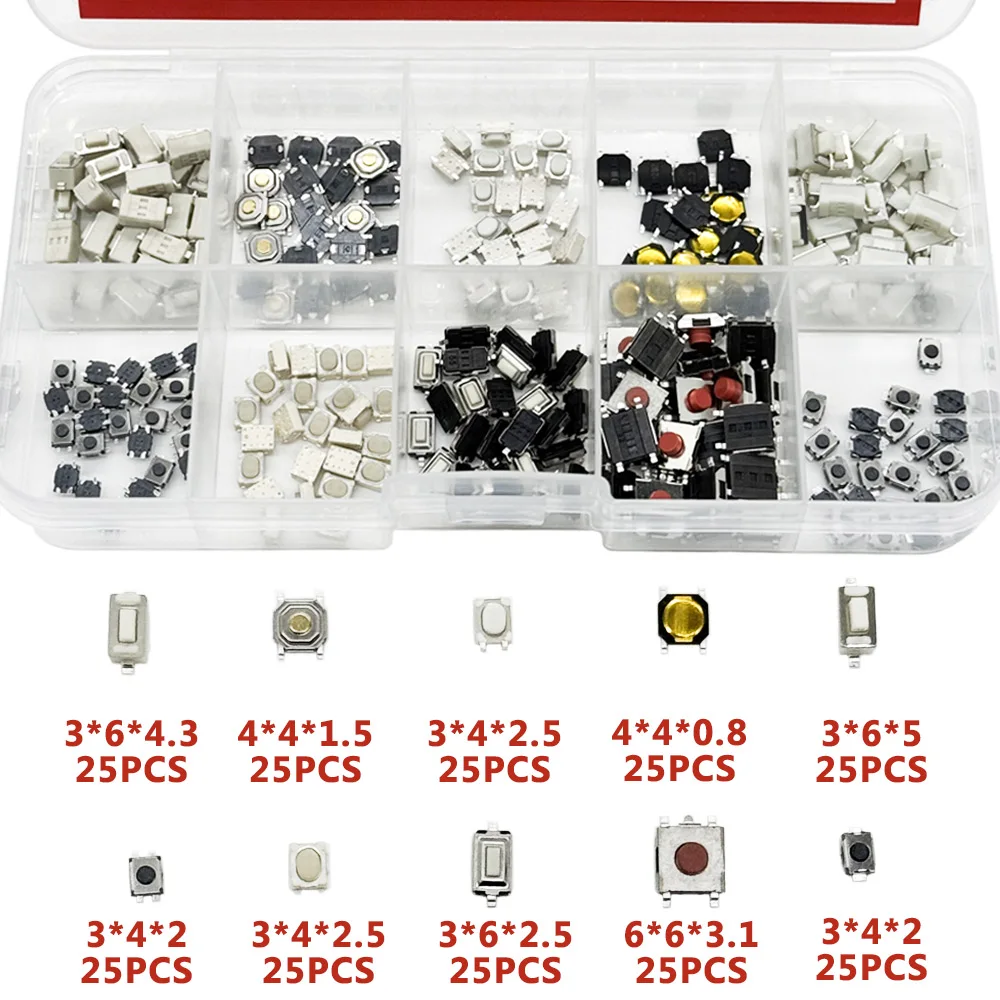 250pcs Car Switch Keypad Car Remote Control Keypad Switch Patch Button Pack Tactile Switch Box 10values*25pcs