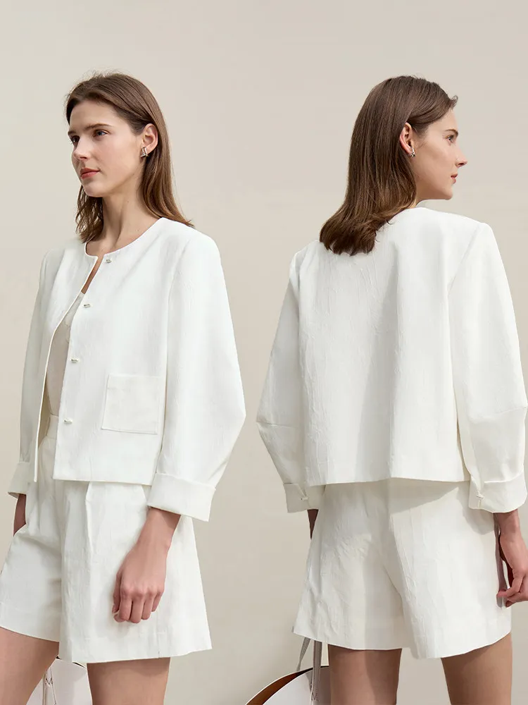 Chaqueta Amii para Mujer, Primavera 2026, Cuello Redondo, Hebilla Metálica, Chaqueta de Jacquard de Algodón, Estilo Retro, Holgada, Manga Larga, 12641110