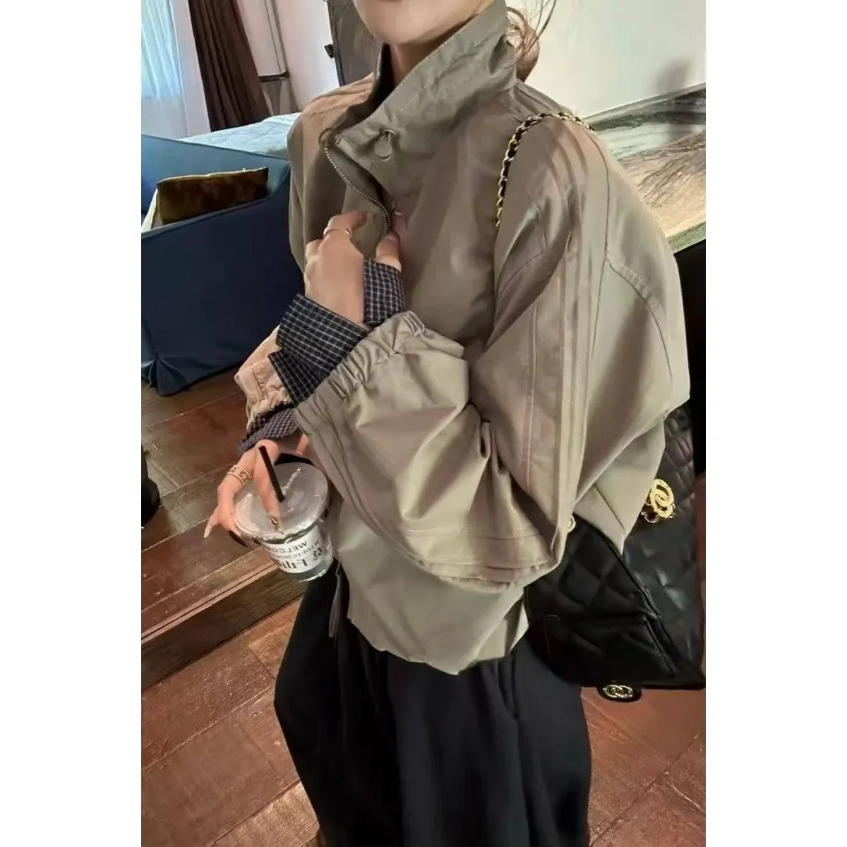 

Casual Stand-up Collar Plaid Splicing Jacket Short European 2025 Autumn New Loose Fashion Jacket Top