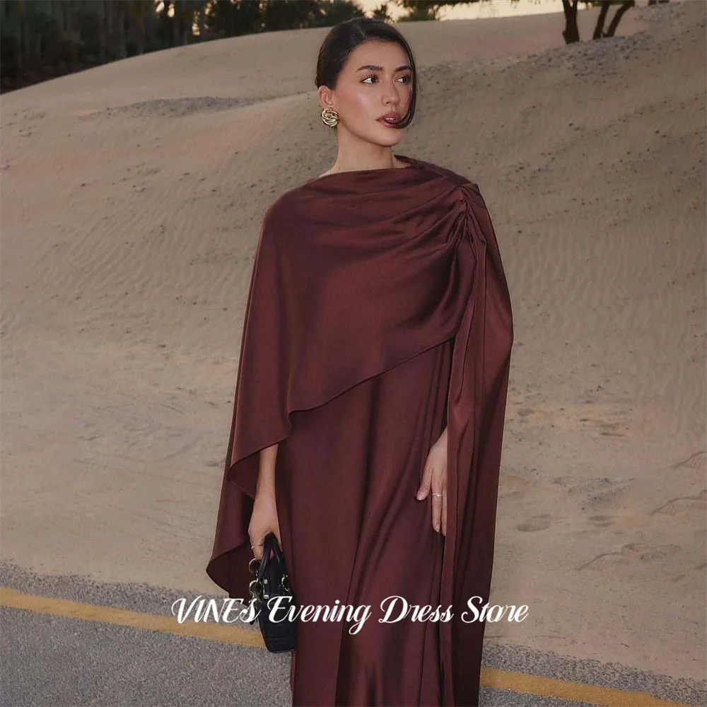 

VINES Burgundy Satin Party Dress High Neck فساتين السهرة Cape Loose Night Dress with Train Prom Dress Customized