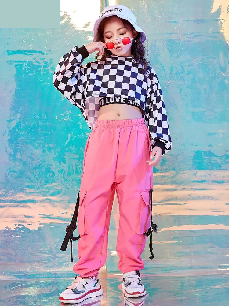 Pantaloni Cargo tattici costumi di danza Jazz abbigliamento abiti da palcoscenico bambini vestiti da ballo Hip Hop per ragazze felpa cropped Tops