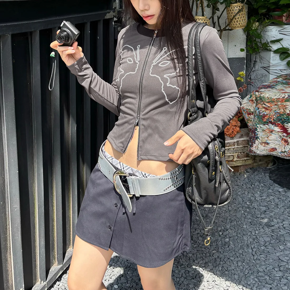 SylCue バタフライプリントコート女性秋トレンドジップカーディガンフルスリーブへそ露出デイリーストリートカジュアルシンプルファッションジャケット