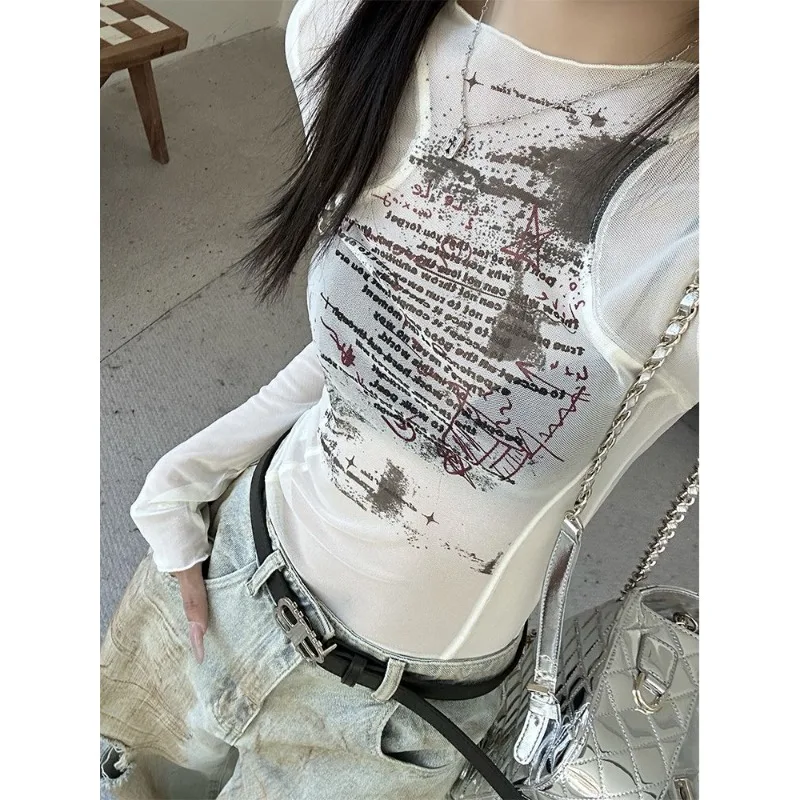 Mesh Transparent Pilz Gedruckt Rundhals Langarm T-shirt Damen Slim Bottoming Shirt Top