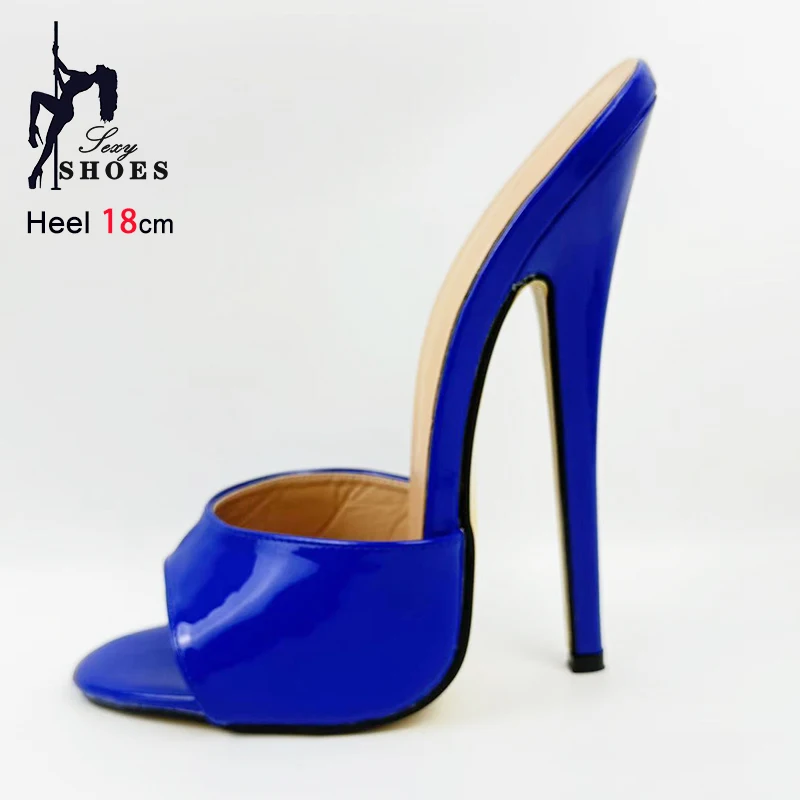 

2025 New Blue 18CM Super High Heels Slippers For Women Round Toe Slip-on Shoes Summer Female Fetish Sexy Sandals Plus Size 45 46