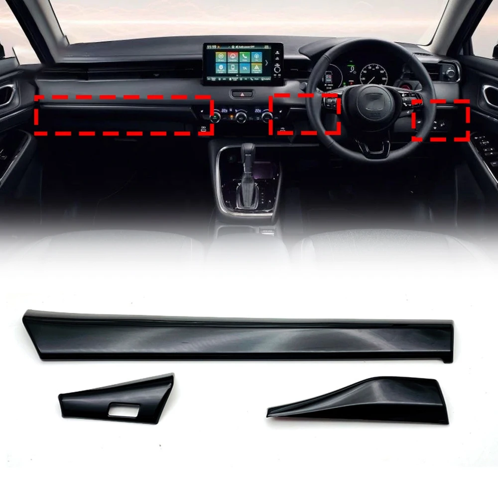 3Pcs Car Glossy Black Center Console Dashboard Panel Decorative Cover Trim for -V Vezel 2021 2022