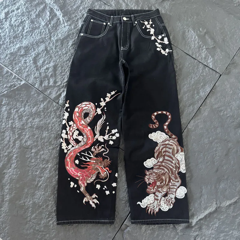 Heavy Dragon Tiger Plum Blossom Embroidery Jeans Black High Waist Wide Leg Straight Street Trend Derschutze Pants Men Women