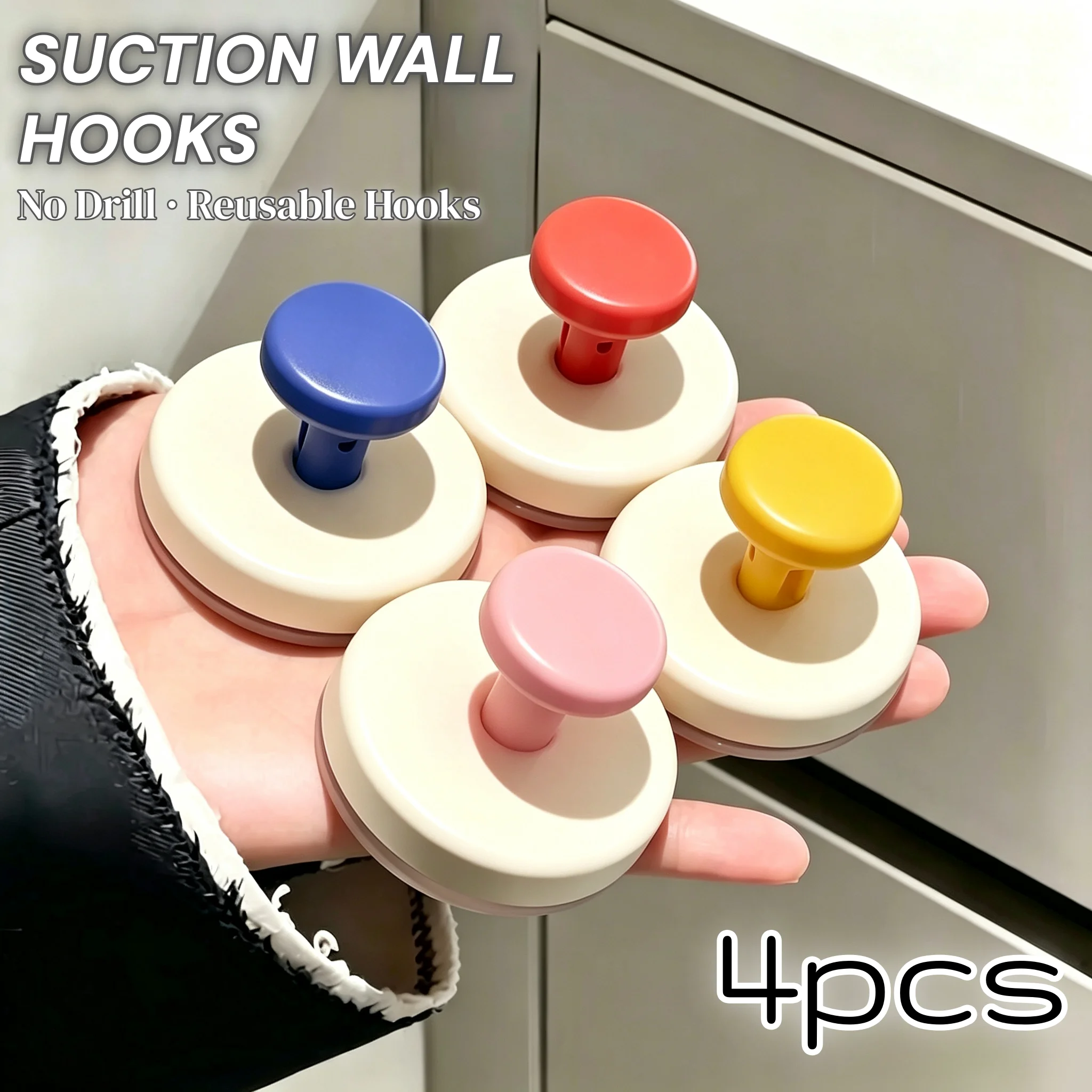 4pcs Colorful No-Drill Hook Set with Suction Cup Sturdy Vacuum Wall-Mounted Hanger for Bathroom Kitchen Storage Racks Home Decor