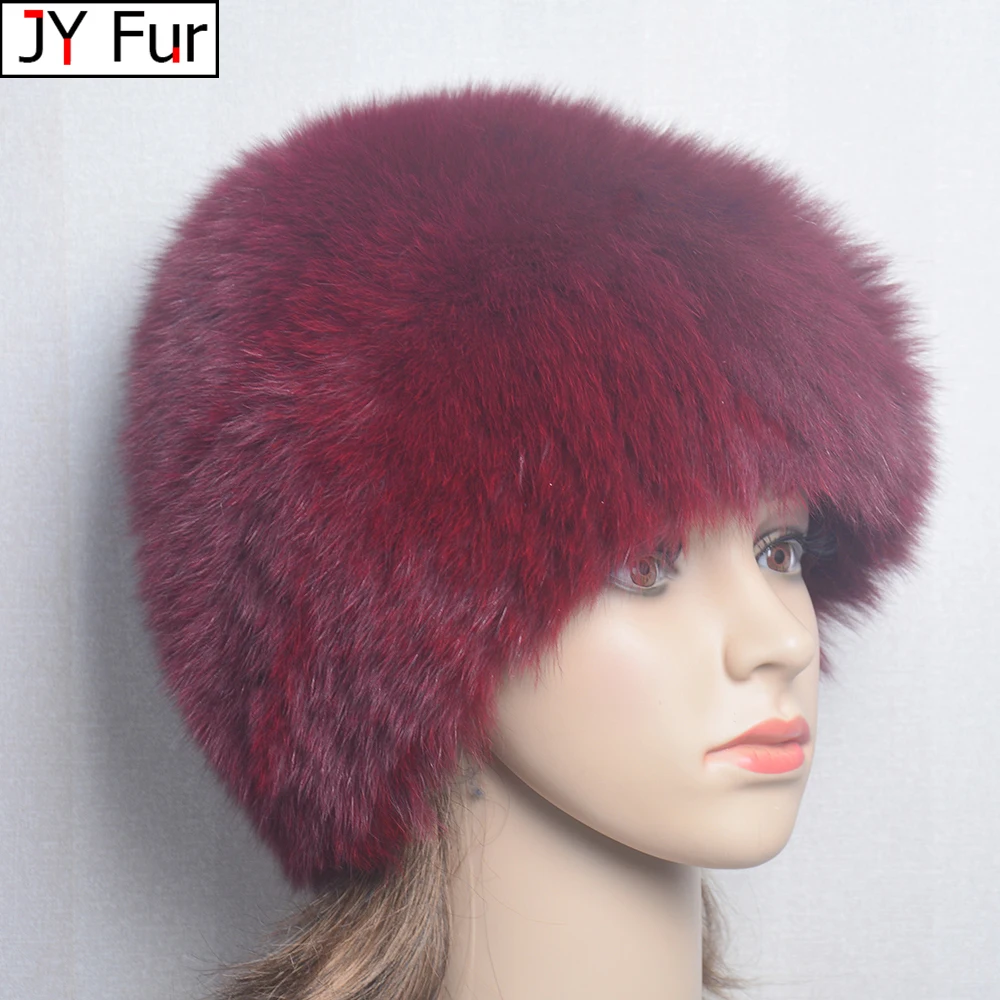 Real Fox Fur Pompom Bomber Winter Hats Russian Female Ski Mask Natural Raccoon Fur Hat Knitted Skullies Beanies Fall Women's Cap