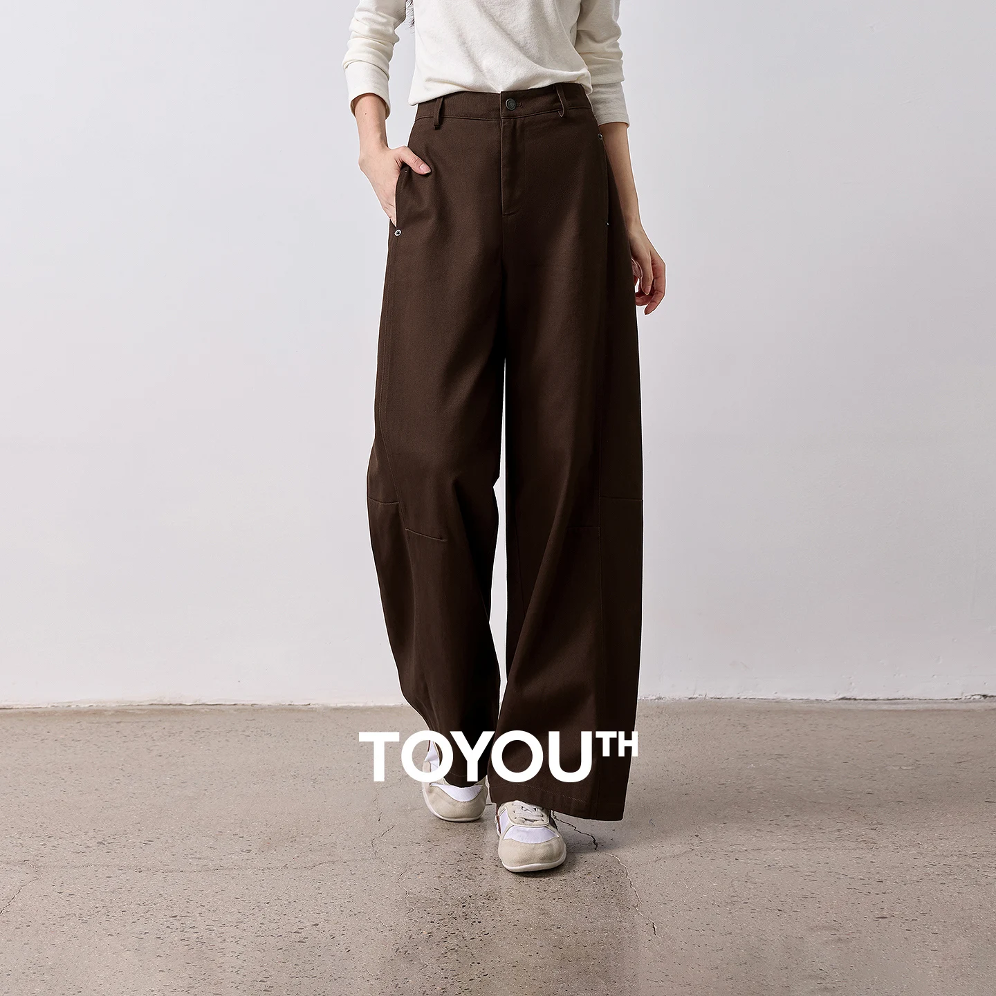 TOYOUTH Women's High Waist Curved Leg Trousers 2026 Autumn New Arrival Full Cotton Canvas Light Workwear Commuter Long Pants