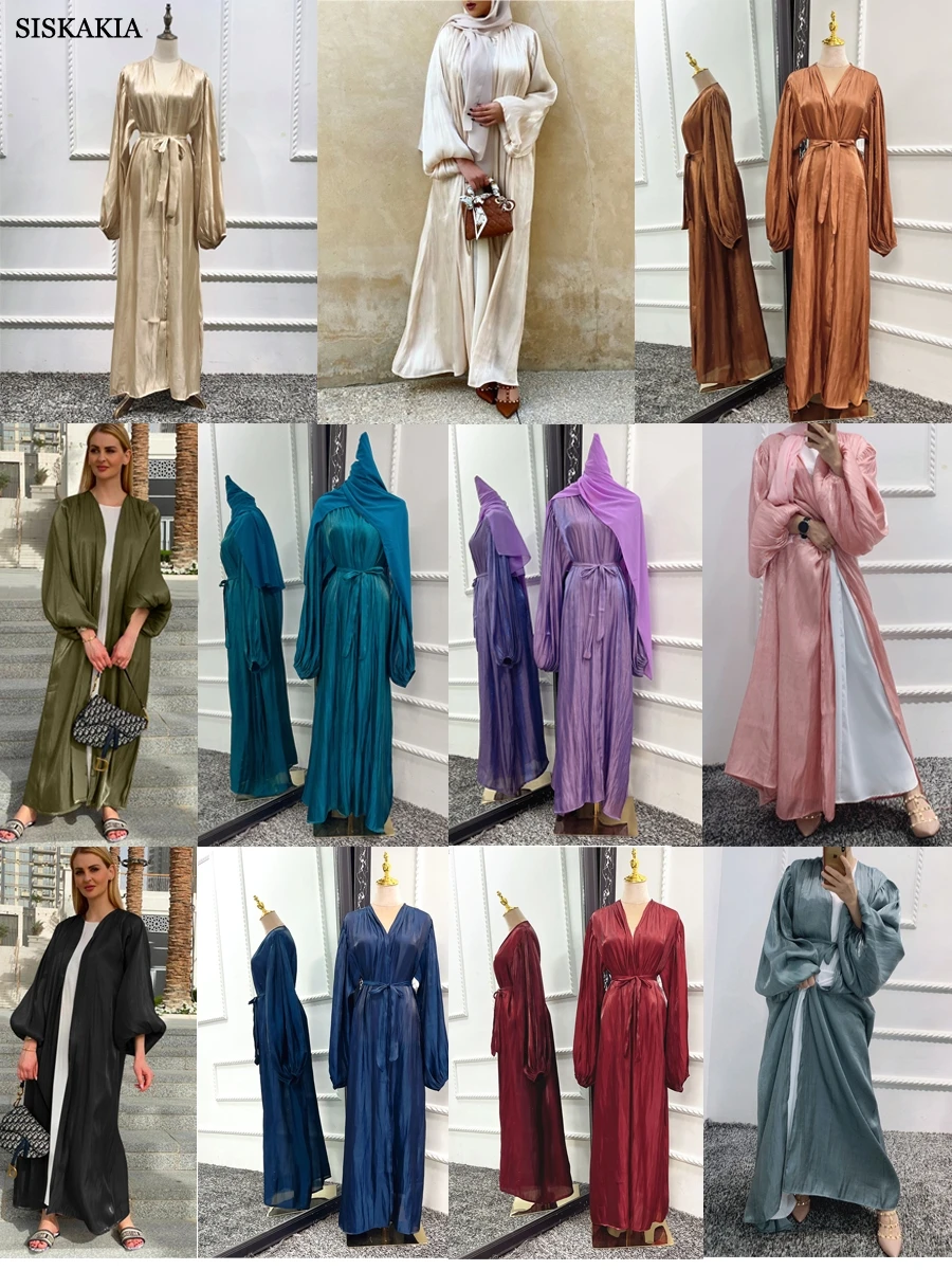 Siskakia Evening Party Hijab Open Kimono Abaya With Sashes Fashion Bright Silk Puff Sleeve Moroccan Gulf Women Robe With Scarf