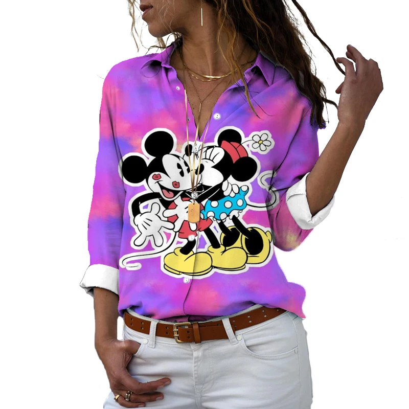 Mickey Minnie Animação Lapela Manga Longa Camisa Single Breasted, Nova Moda Harajuku, 3D Impresso Casual Ins, 2024