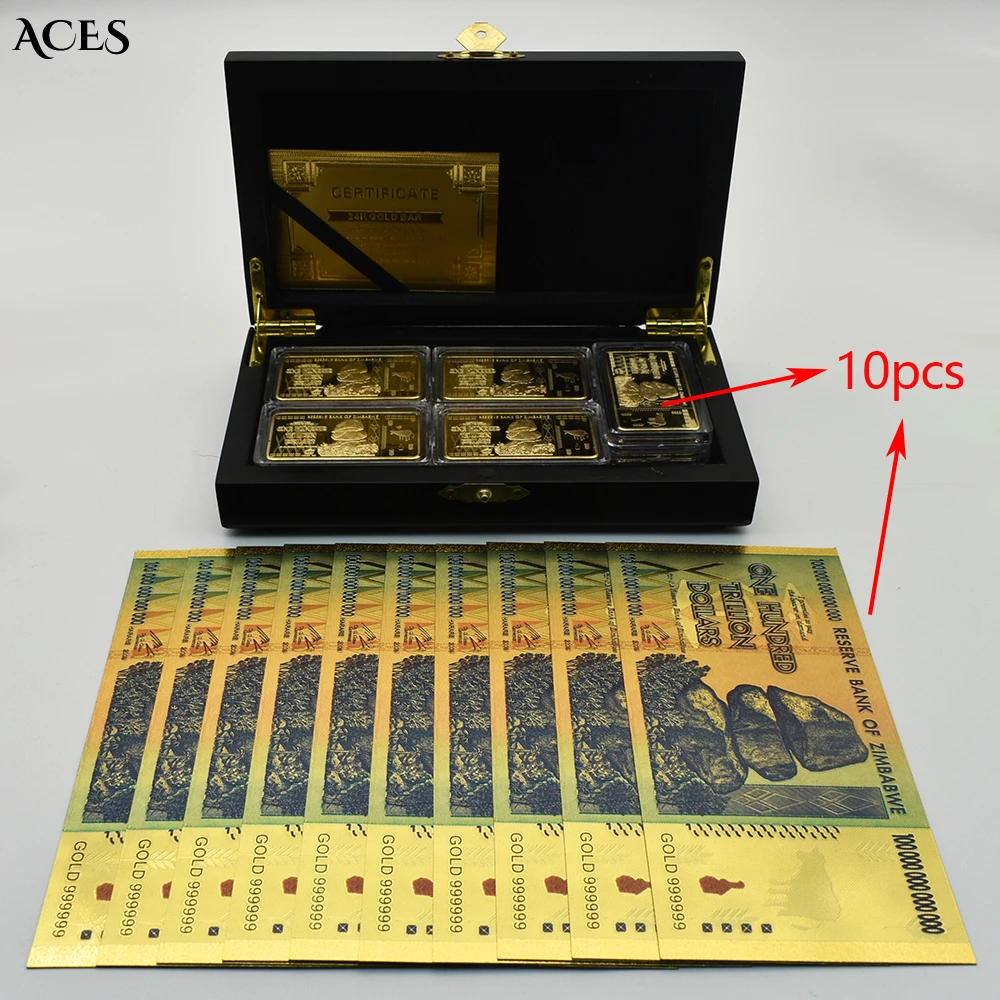 10pcs Zimbabwe One Hundred Trillion Dollars Gold Bar Matching Gold Foil Banknote with Box Top Collectibles Home Decoration