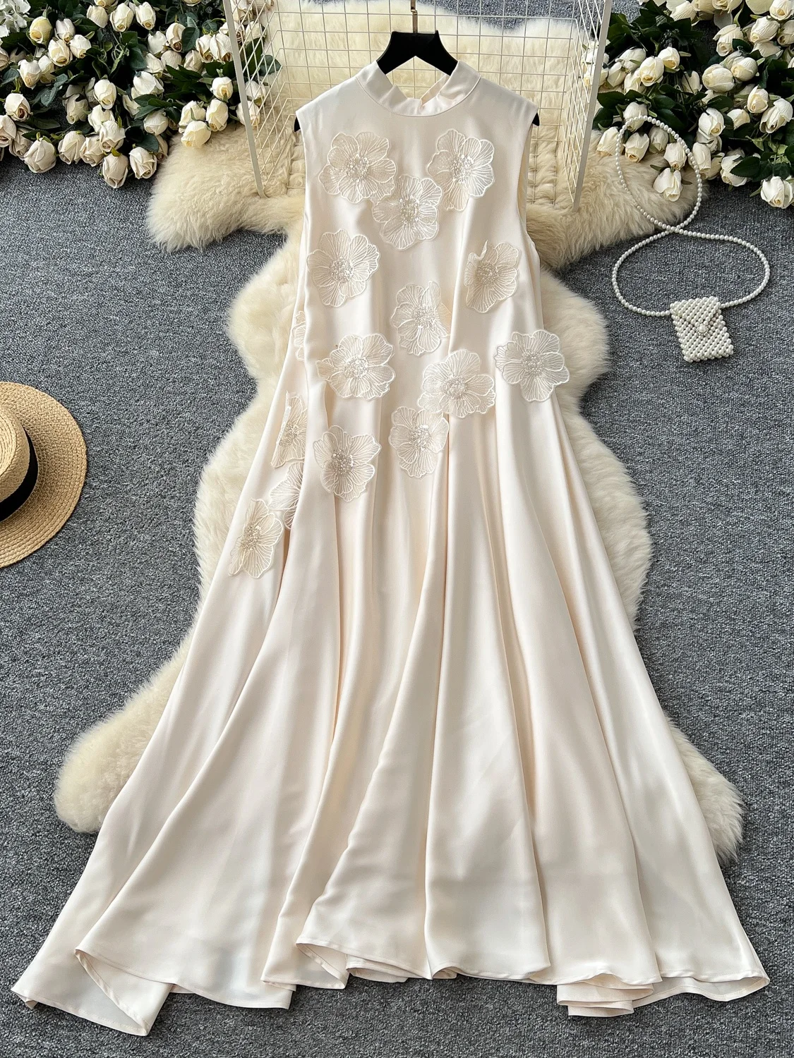 Ele Zware Verfraaid 3D Bloem Ronde Ne Svel Dr Vrouwen Losse Afslanken Satijnen Lange Rok Koreaanse Sle Hoge Taille