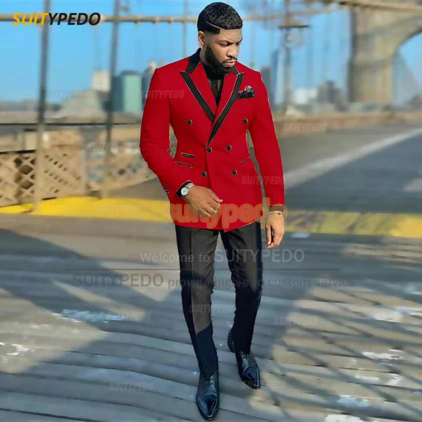 Classic Red Suit Set For Men Wedding Party Grooms Fashion Blazer Pants 2 Pieces Evening Dinner Custom Slim Fit Luxury Outfits