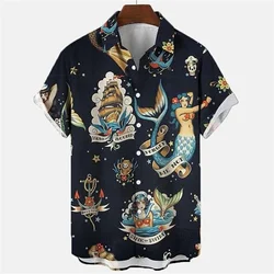 Mermaid retro printed shirts Men's European and American pattern Summer casual short sleeved shirt Hawaiian button