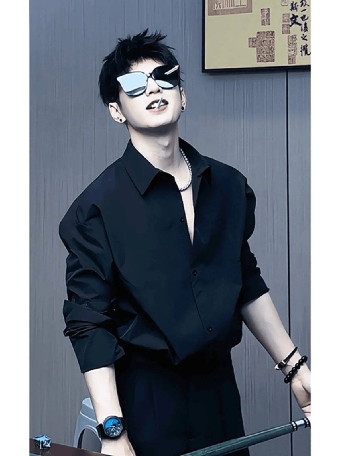 

Naples Bla Neapolitan Gangster irt Men's High-End Feeling Haome Father Suit Inner Long Sve irt DK orm