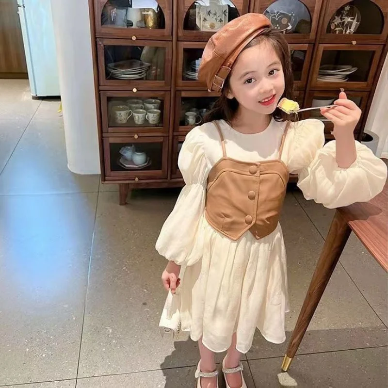 Spring Autumn Baby Suits Girl Vest + Long Sleeve Dresses 2piece Kids Cute Princess Dress Children Chiffon Vestido 2 7 8 9 10 12T