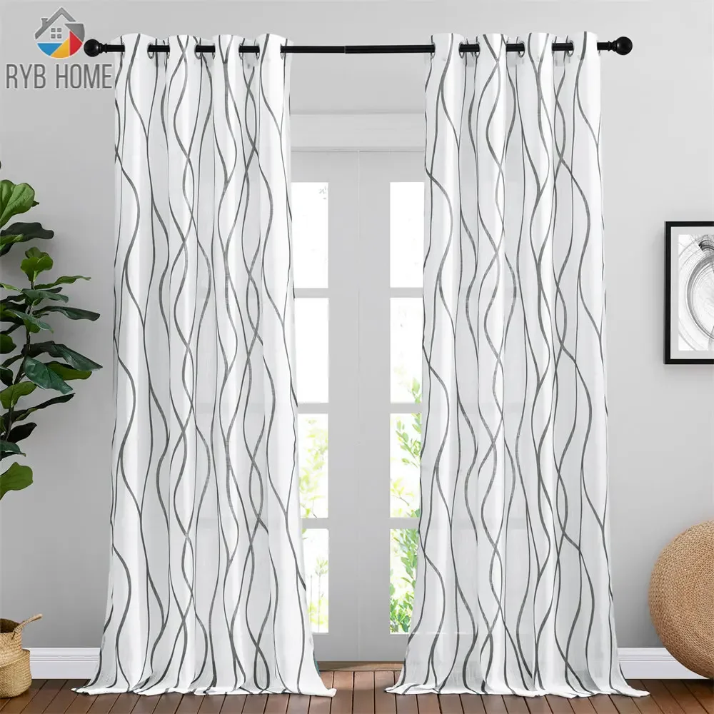 RYBHOME 2 Colors Decoration Sheer Curtains Geometric Alternation for Porch Exterior Voile with Grommet  Christmas Curtains