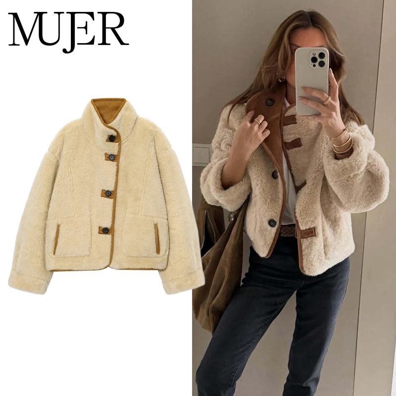 

MUJER женская куртка Тедди двустороннее волосатое пальто женская искусственная замша плюшевая куртка женская верхняя одежда свободное теплое зимнее женское пальто