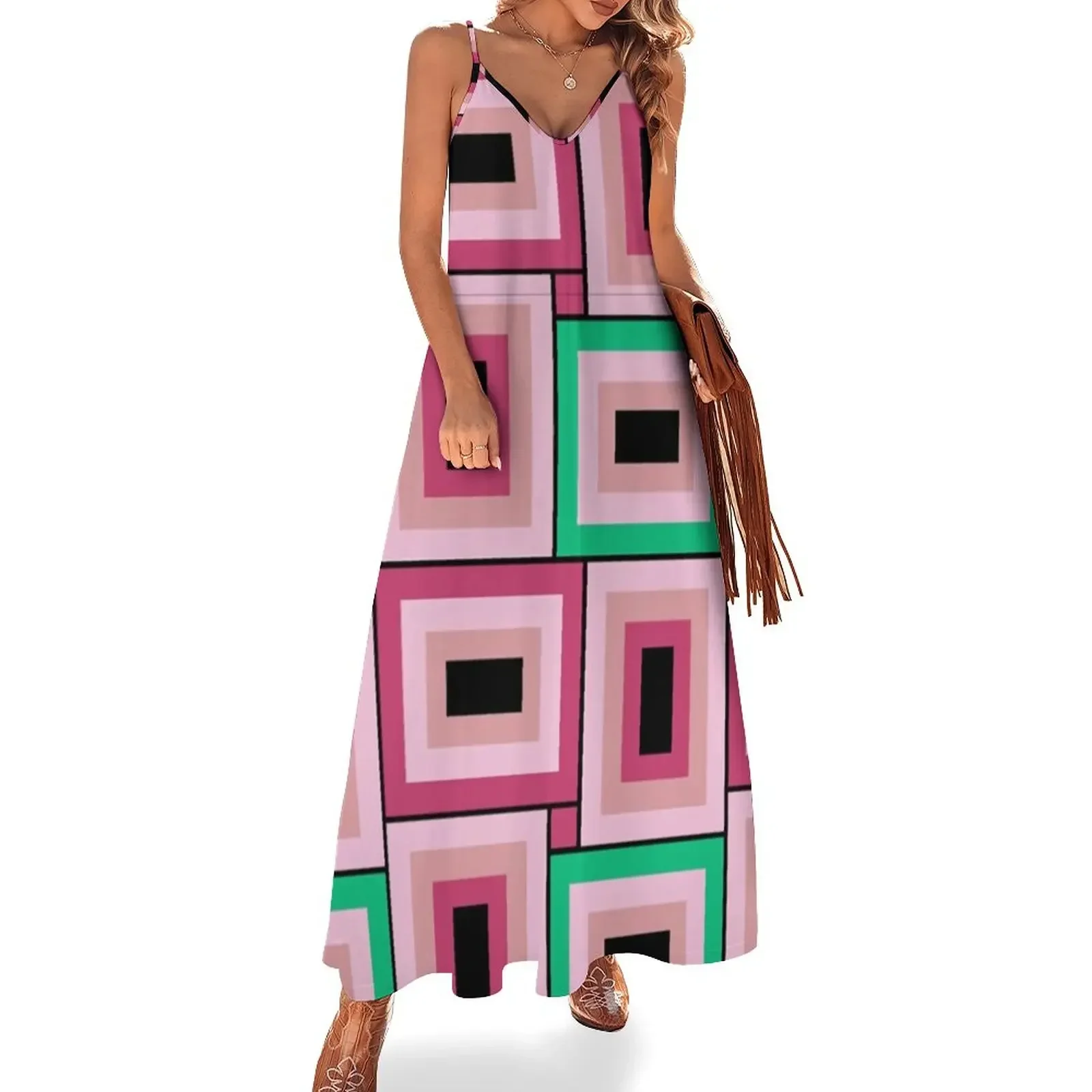 

Mid-Century Modern Pink And Green Rectangles Pattern Sleeveless Dress women dress elegant dresses for women