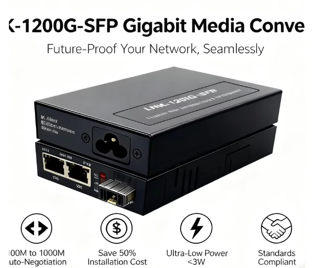 High-Performance 2x10/100/1000BASE-T to 1x100/1000BASE-X SFP Media Converter with Built-in Power Supply