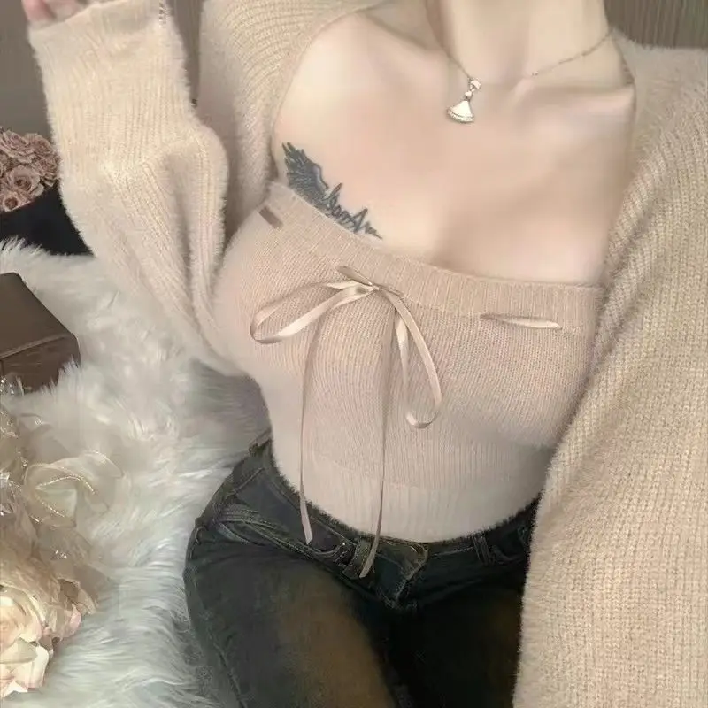 Tanks Sexy Camis Tops Bow Tie Strapless Sleeved Cardigan Knitted Sweaters for Women 2 Set Cropped Korean Fashion Pull Femme