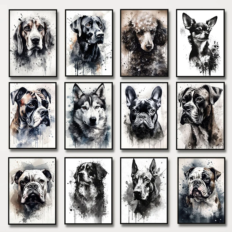 frameless Diamond Painting Watercolor Dog Portrait Siberian Husky Bulldog Poodle Dog Diamond Painting Black Ink Beagle Dog P