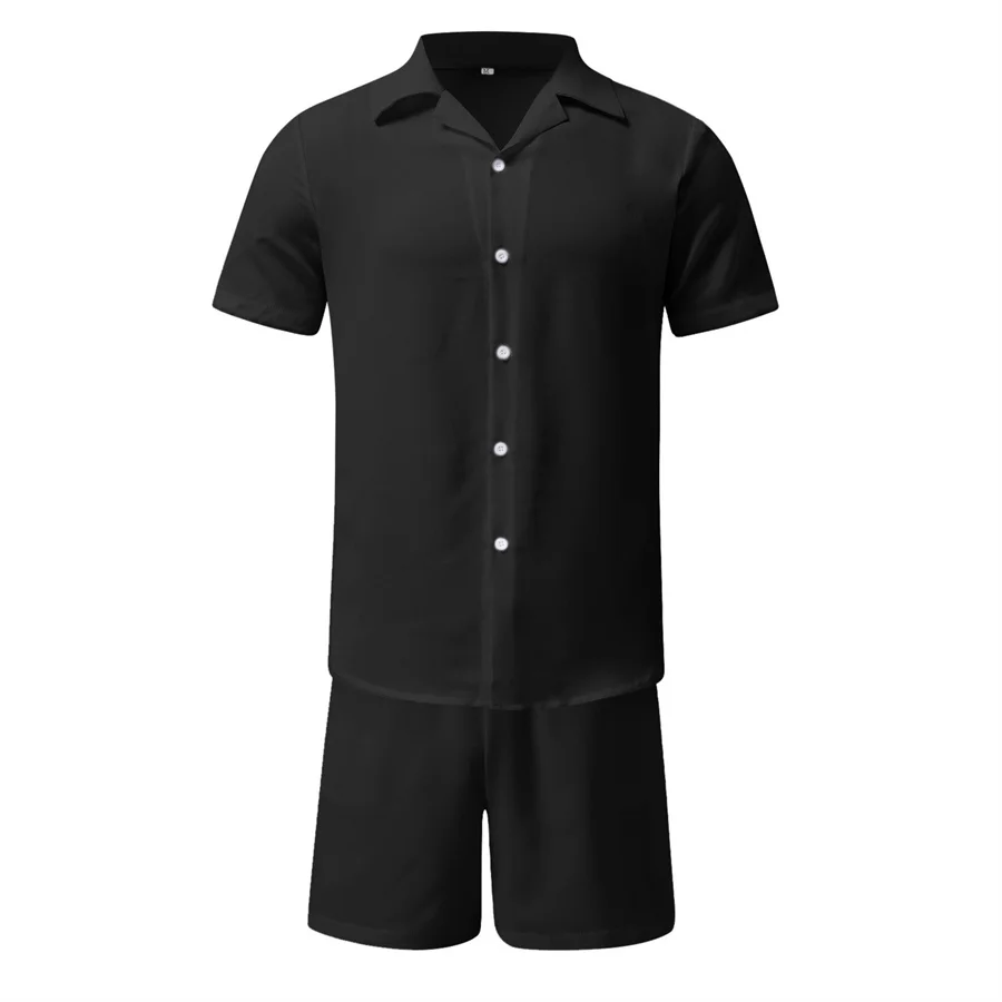 Pantaloncini estivi da uomo neri Set camicia e pantaloncini con risvolto a maniche corte in tinta unita uomo abbigliamento hawaiano per le vacanze al mare Streetwear