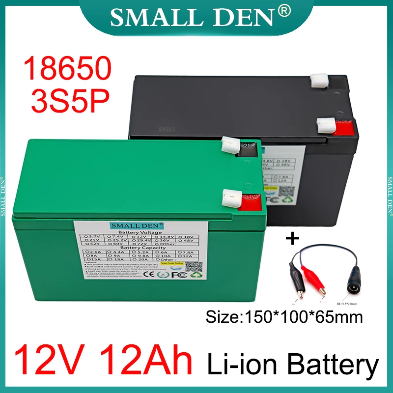 

12V 12Ah 18650 lithium battery pack 3S5P With BMS,,for kids electric cars toy Sprayer device scale Access control (black+green)