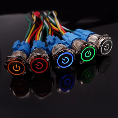 Imagen 2 del producto 10 Uds. Interruptor de alimentación de Metal de 16mm y 19mm botón de encendido para luces LED de coche bloqueo impermeable autorreinicio con enchufe cabeza plana 12V