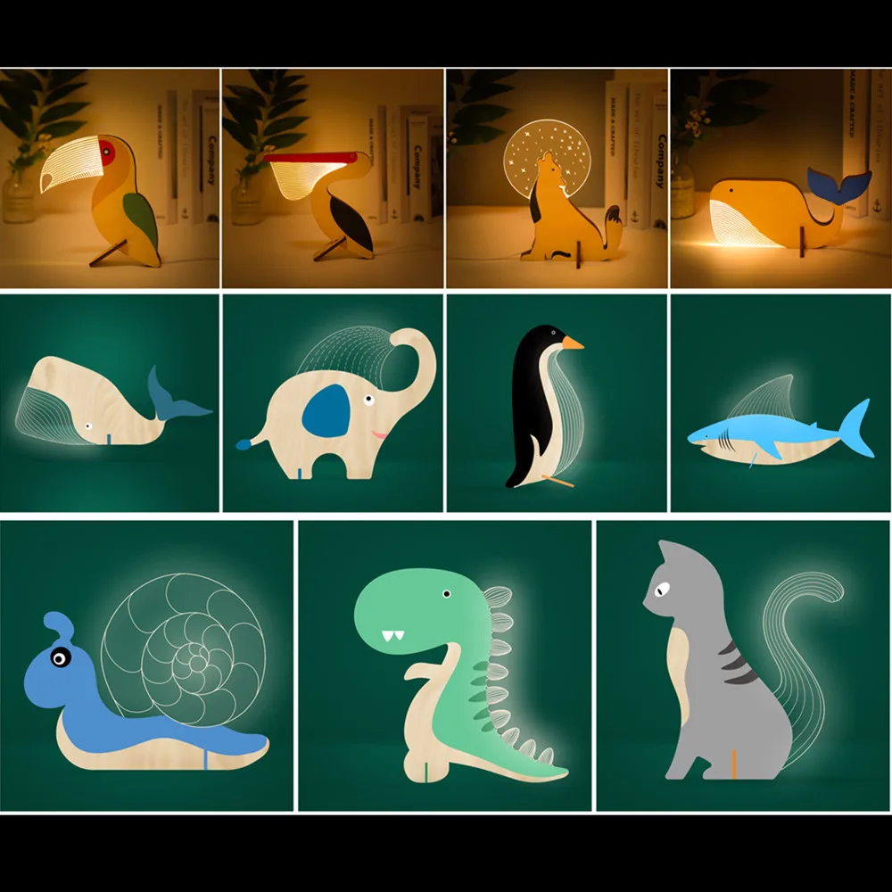 Animals LED Night Light Wood Acrylic Table USB Lights Decorate For Children Baby Kids Bedside Lamp Pelican Sirius Whale Toucan