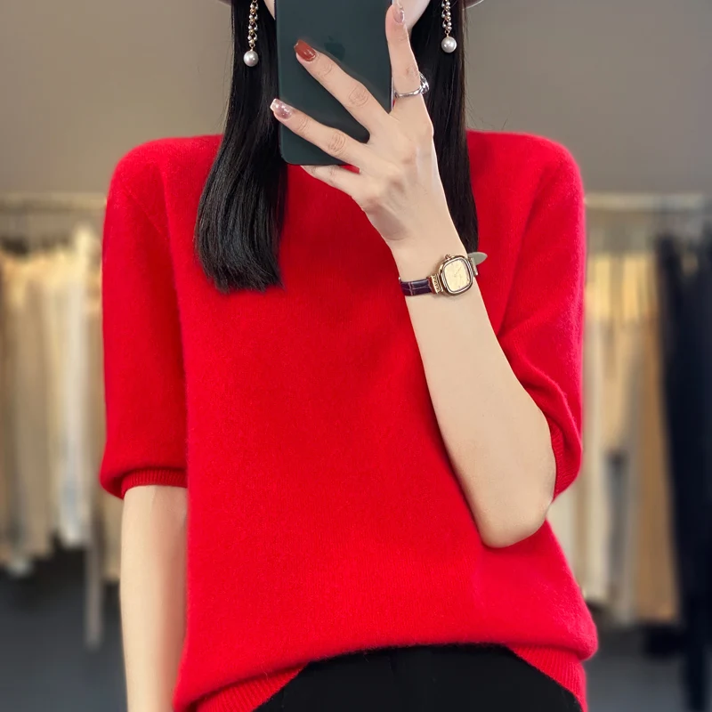 New Year's Shirt High Quality Spring and Autumn 100 Pure Sweater Half Sleeve Five-point Sleeve Half-high Collar Solid Color Bott