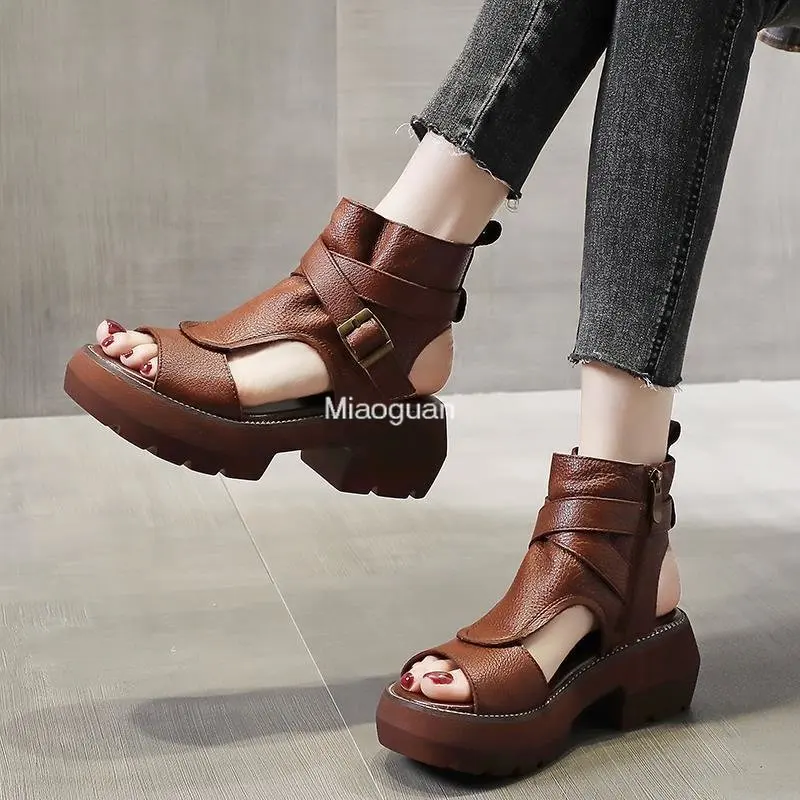 2023 New Summer Shoes Women Sandals Retro Rome PU Leather Woman Wedges Platform Sandals Peep Toe High Heel Sandals Black Casual