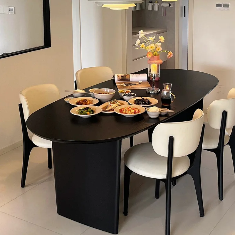 Nordic medieval wabi-sabi wind black solid wood dining table oval log negotiation table