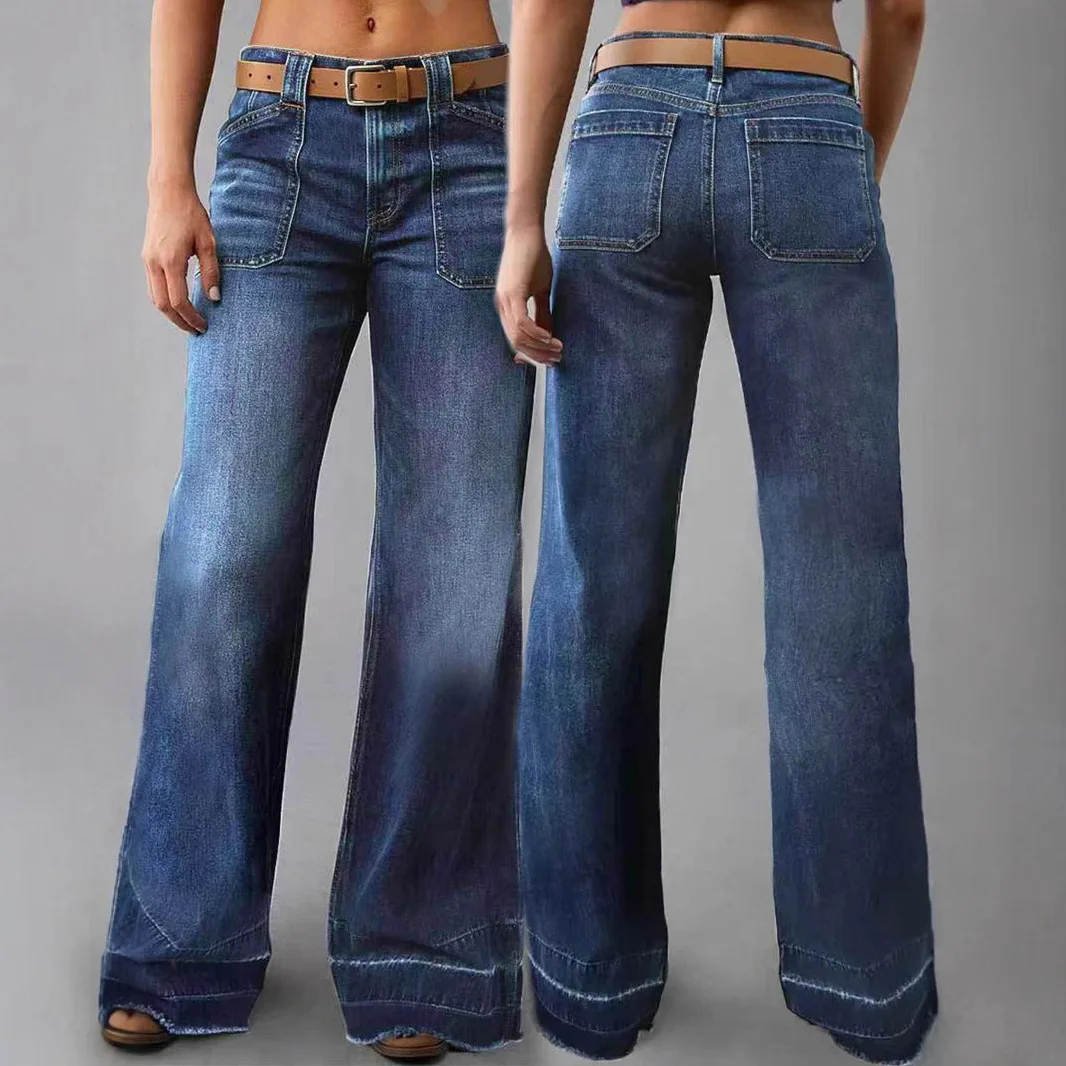

2026 Jeans Women Denim Flare Pants Stretch High Waist Pockets Washed Mom Distressed Floor Length Streetwear Boot Cut Trousers