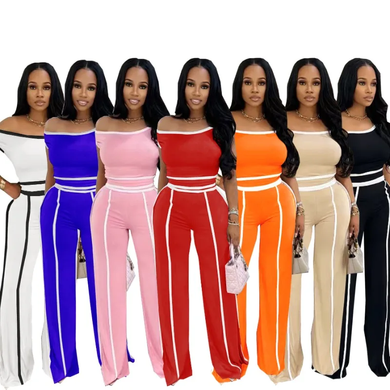 

Color Patchwork Casual 2 Piece Set Women Off Shoulder Short Sleeve Crop Tops + High Waist Wide Leg Pants Elegant Streetwear Suit