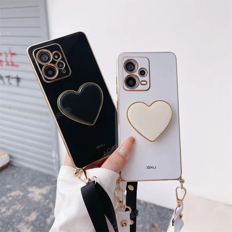 Pocox5 Plating Love Heart Holder Crossbody Lanyard Case For Xiaomi Mi Poco X5 X4 X3 Pro Nfc Back Cover On Poko X5pro X 5 4 3 F5