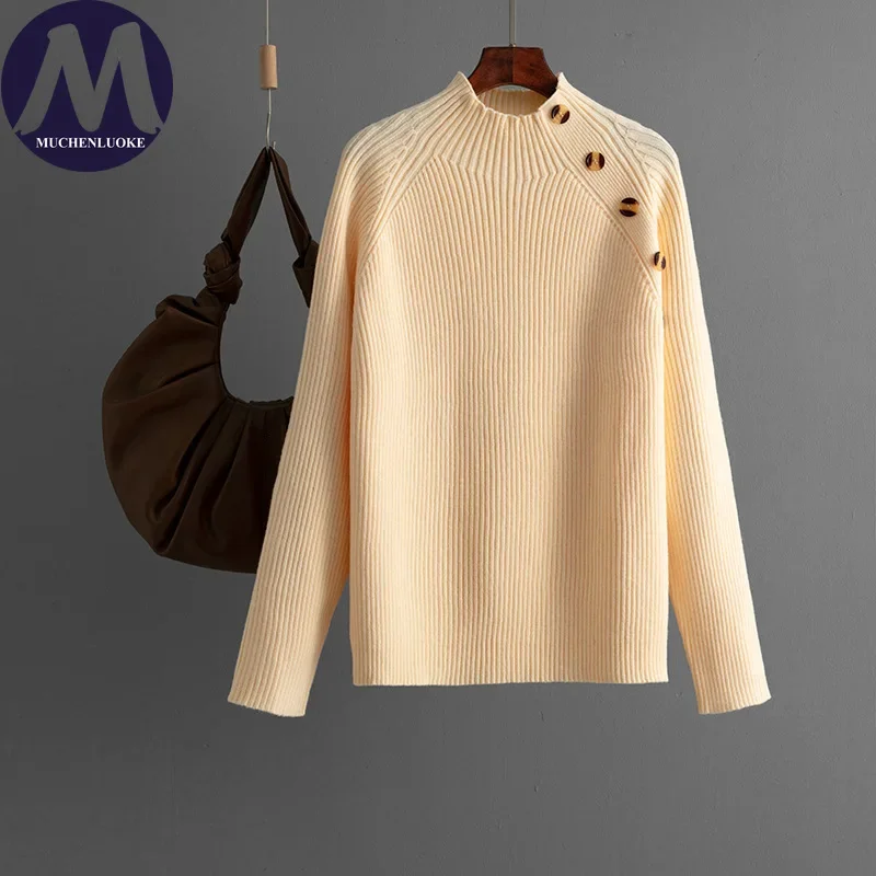 

Women's Autumn Winter Knitted Sweater Half Height Collar Button Design Fashionable Casual Loose Thicken Pullover