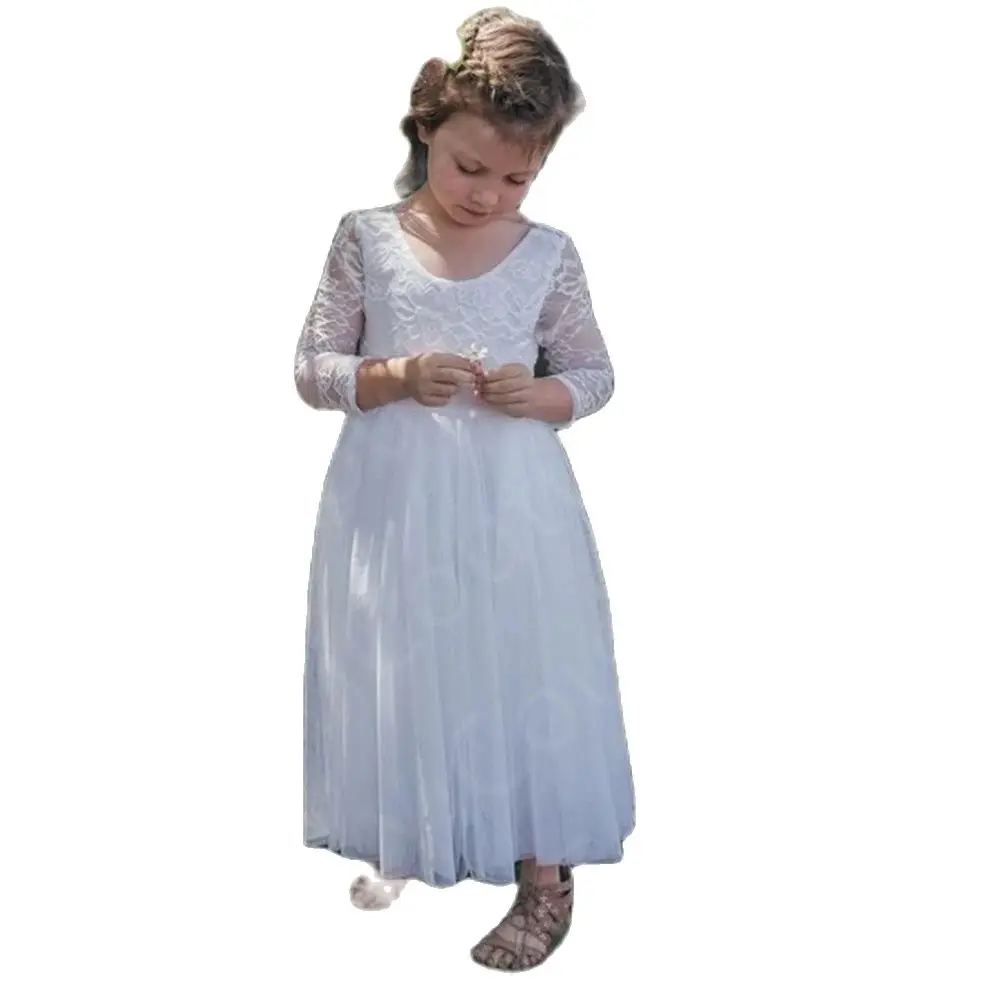 Wholesale Baby Gowns White Flower Girl Dress Lace Kids First Communion Gowns 2024 Formal Party Gowns Floor Length Long Sleeves