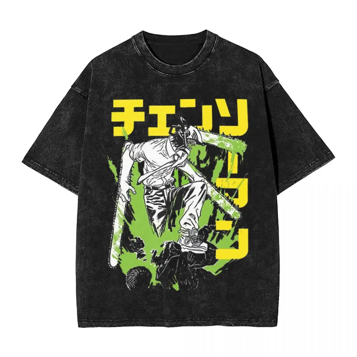 Anime Chainsaw Man Acid woman Men Washed T-Shirt Hot stamping Print Tees,Harajuku Cotton Tshirt Men's Summer Short Sleeve Tees