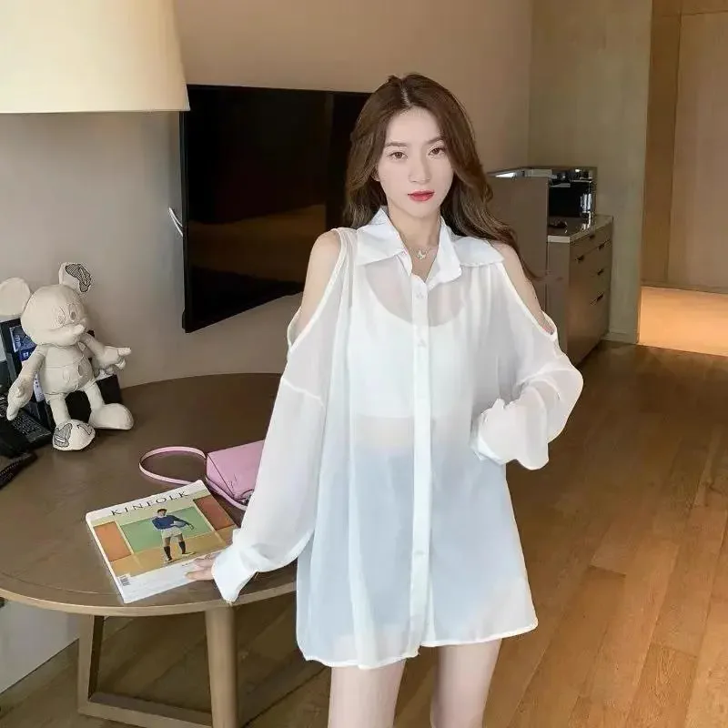 2025 Women New Off Shoulder Cardigan White Chiffon Shirt Female Summer fashion Design Feeling Thin Sun Protection Coat