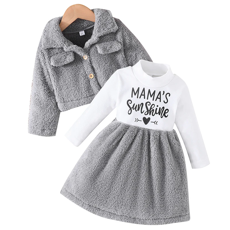 Inverno autunno Boutique abbigliamento bambini Toddler Girl Clothes cappotto con risvolto moda coreana + lettera abito manica lunga set per bambini