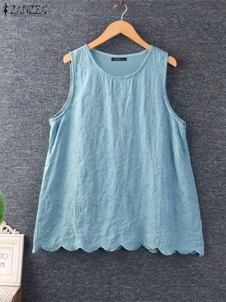 ZANZEA Floral Embroidery O Neck Tank Tops Casual Lace Patchwork Summer 2024 Elegant Camis Women Solid Color Sleeveless T-shirts