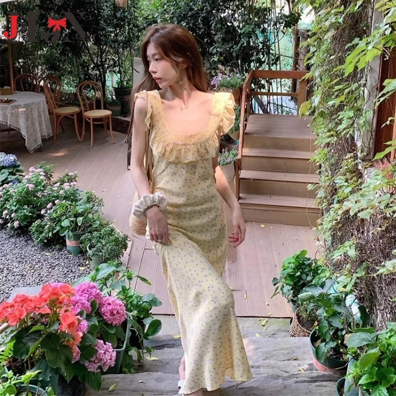 Vestido francés de alta calidad con borde con volantes y flores para mujer, falda larga ajustada con tirantes y cuello cuadrado, Vintage Y2k, verano 2025, 2023