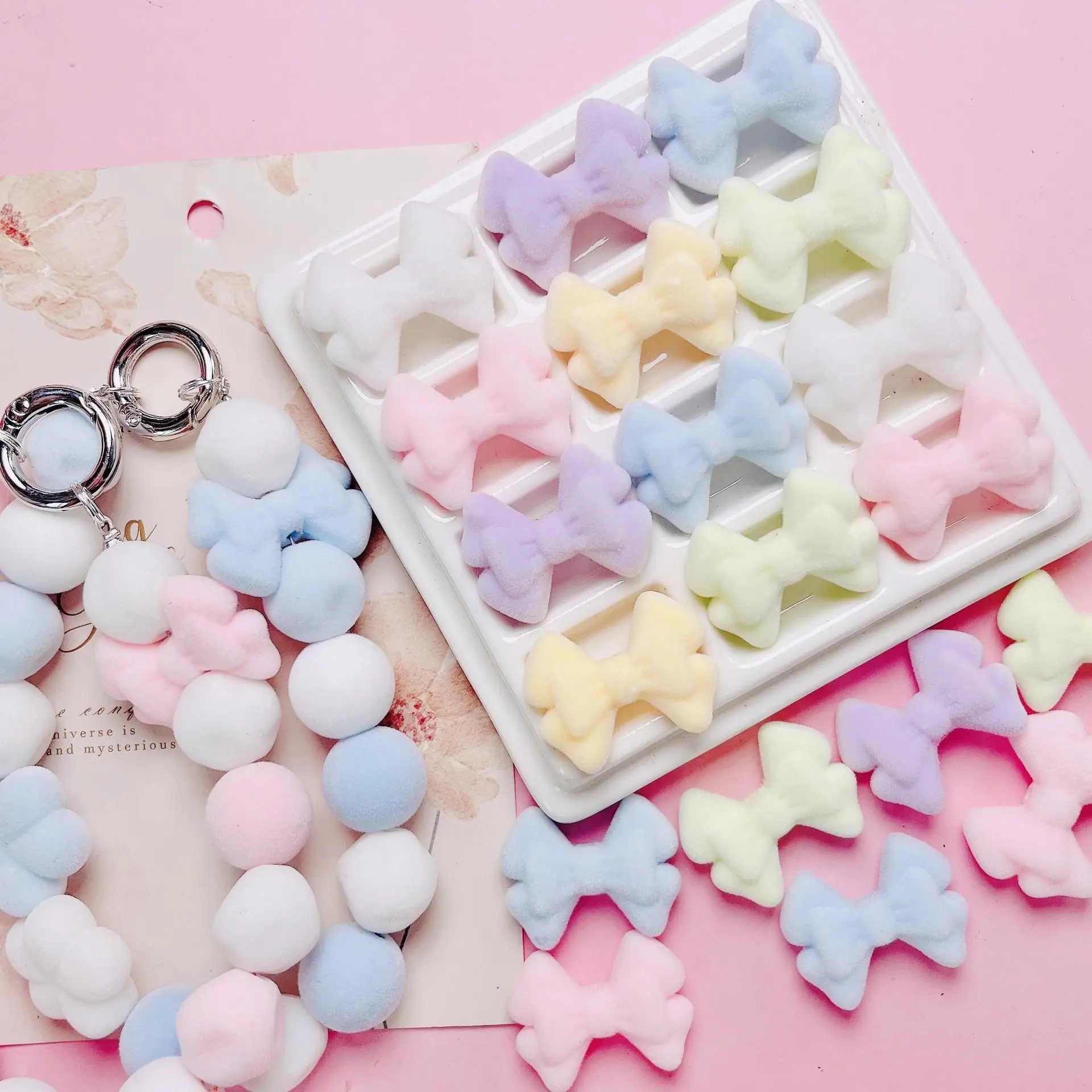 

Pastel Colors Wool Velvet Acrylic Jewelry Tie Bow Beads Bracelet Necklace Keychain Earring Ornament Accessory 21*28mm 80pcs