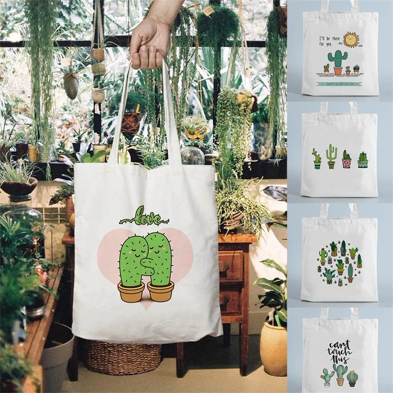 

Tote Shopping Bag Cactus Drawing Print Reusable Ladies Canvas Shopper Bags Student Book Bag Female Eco Foldable Cute Bag Fashion