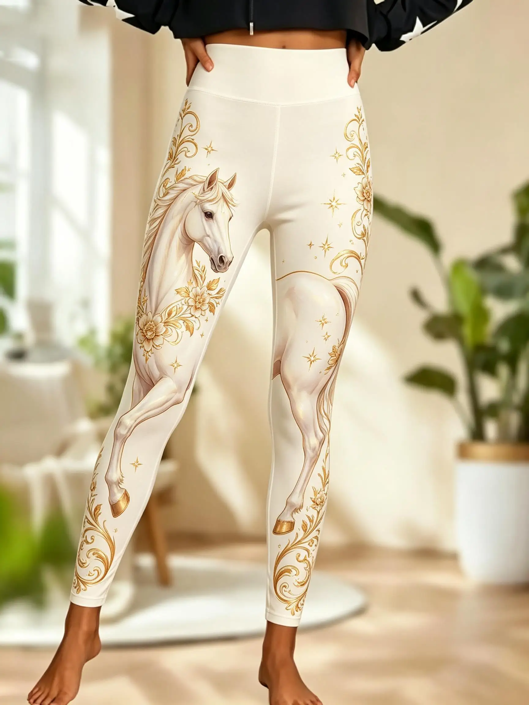 Women Fleece‑lined Mid‑rise Leggings Vintage Watercolor Horse Equine Floral Foliage Side‑leg Print Slim Stretch  Casual Pants