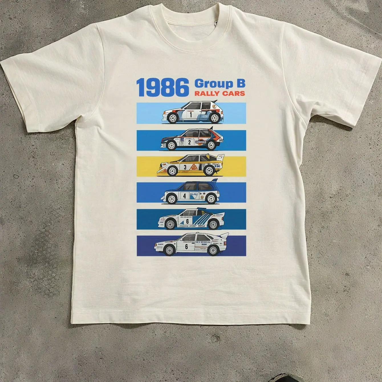 Men's 1986 Group B Rally Vintage Graphic T-Shirt| 100% Retro Racing Design with 6 Iconic Cars& Geometric Stripes, Regular Fit