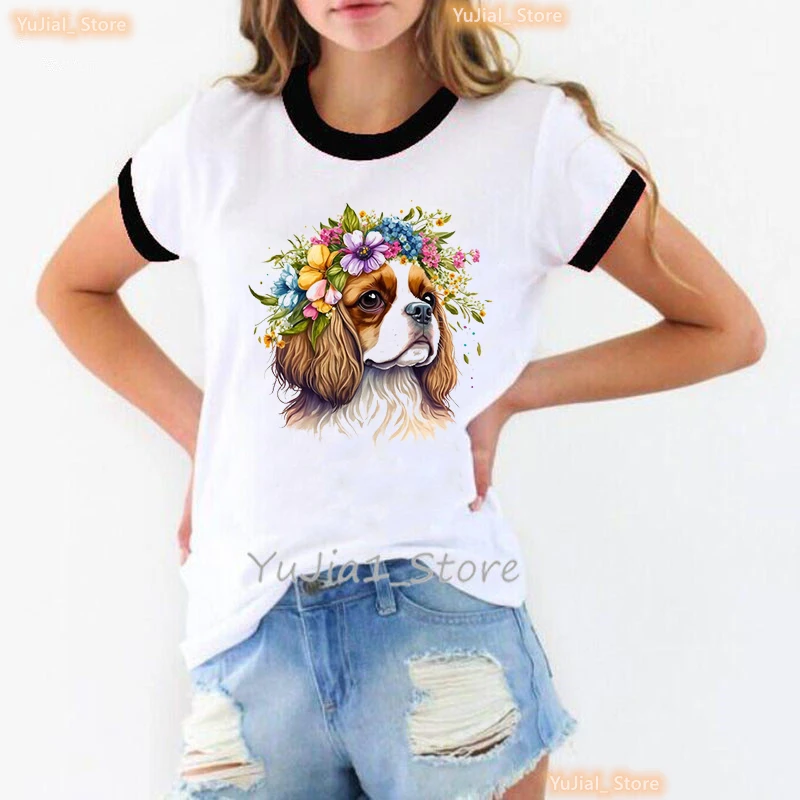 Kawaii Cavalier King Charles Spaniel Flowers Print T Shirt Girls Harajuku Dog Tshirt Femme Summer Tops Fashion T-Shirt Female