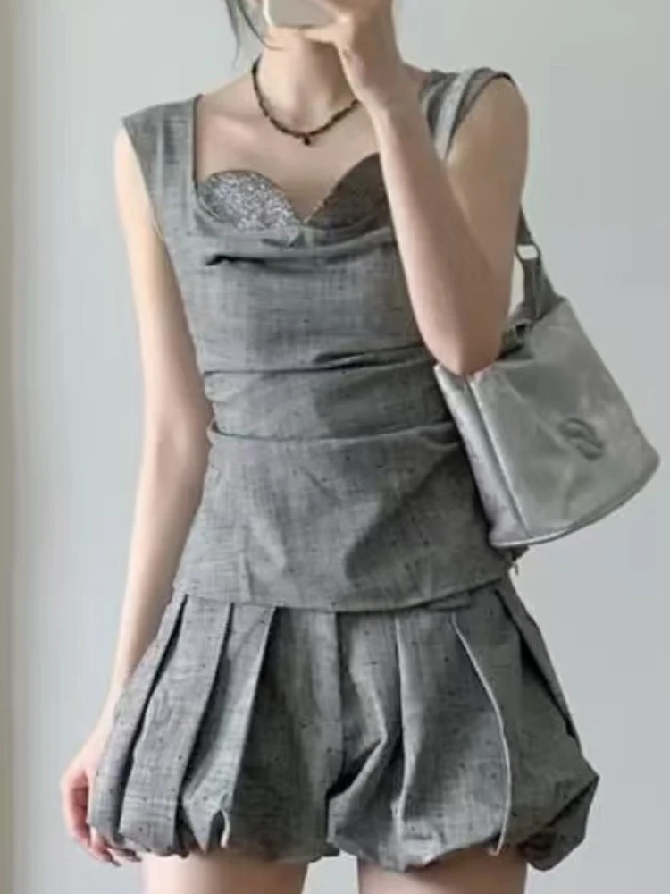 Korean Fashion New Chic Two Piece Set Women Gray Polka Dot sleeveless Tops+High Waist Mini Skirt Female Summer Casual Party suit